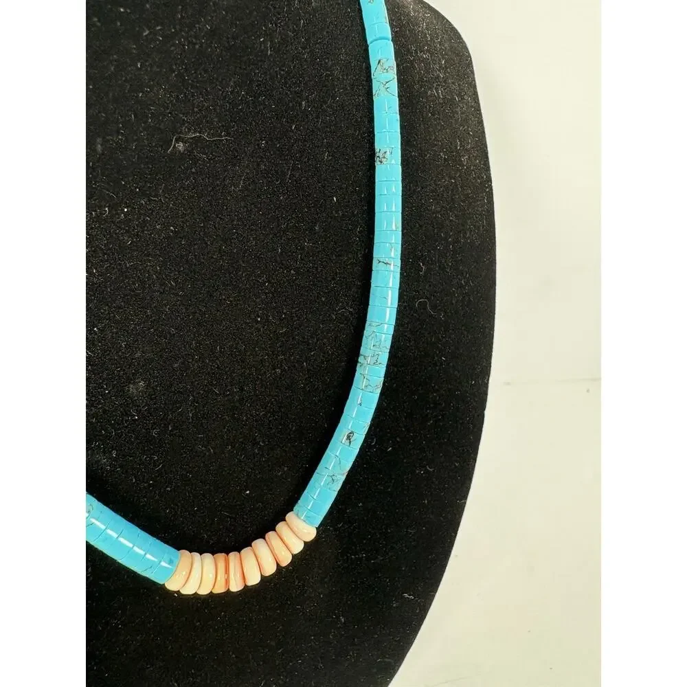 Block Turquoise and Coral Graduated Heishi Necklace, Bracelets And Earrings Set - Picture 7 of 15